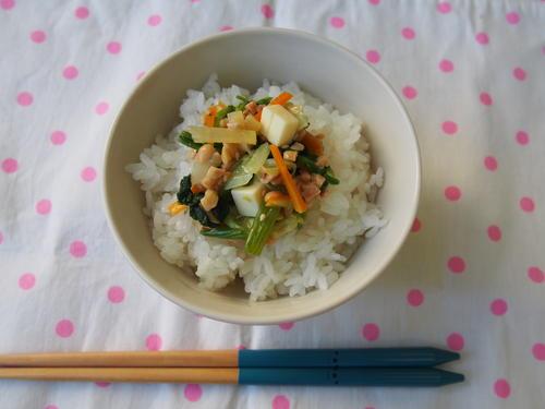 ご飯の上にのせたきりざいの写真。きりざいとは、ゆでた人参や小松菜などの野菜と漬物(たくあんや野沢菜)とチーズをきざみ、ひきわりな納豆も加えて和えたもの