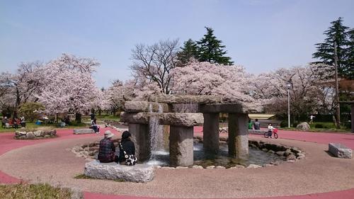 粟島公園の噴水広場で様々な人が休憩したりしている様子の写真