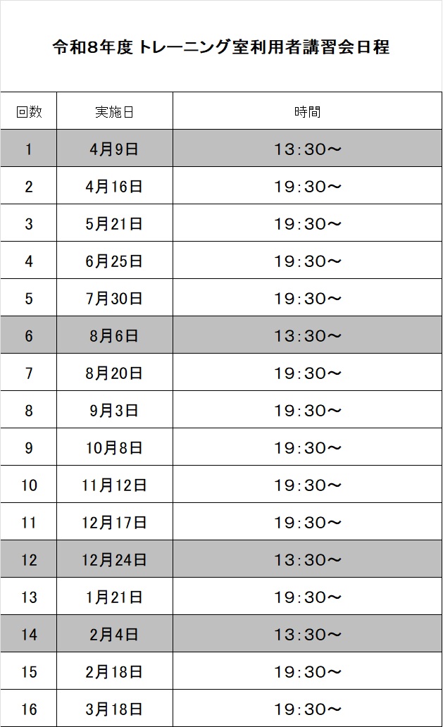 トレーニングルーム利用者講習会日程